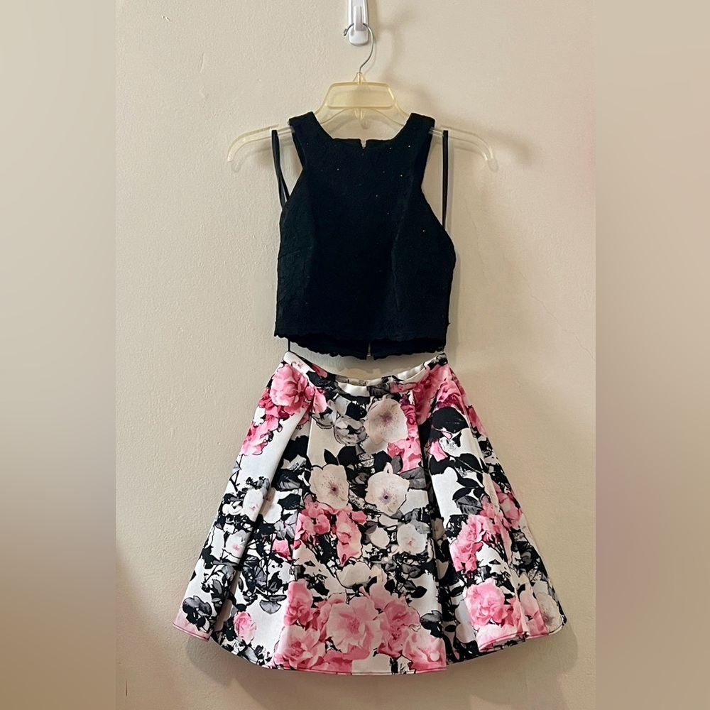Xscape Black and Pink Floral Mini Dress